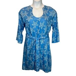 Escapada Belted Rayon Dress  Womens Size L  Blue Starfish Print  3/4 Bell Sleeve